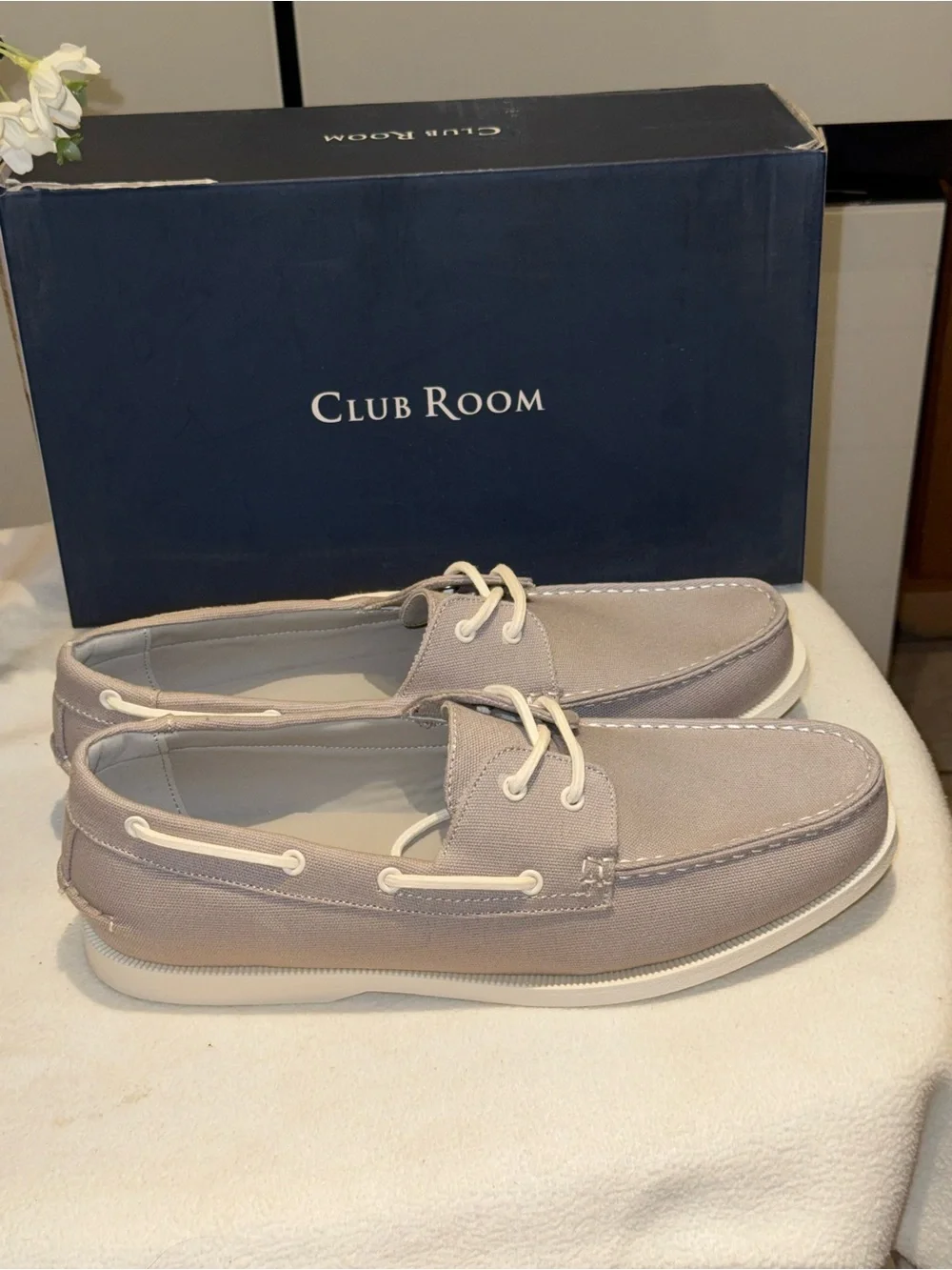 Club Room Taupe Canvas Men’s Boat Shoes with White Laces